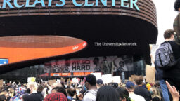 Hundreds of Brooklyn protesters gather outside of Barclays Center on Friday.