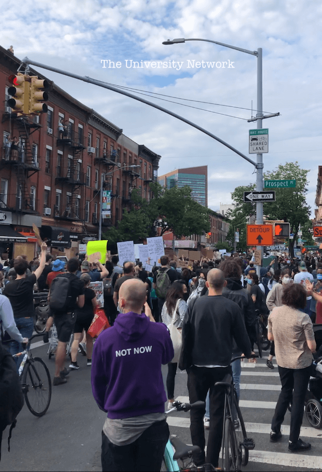 Brooklyn protesters march peacefully down 5th Ave in Park Slope on Tuesday.