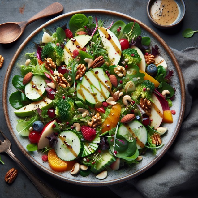 Quick and Health Salads with Pre-washed greens, nuts, fruits and simple dressing