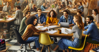 Enthusiastic interns collaborating in a creative workspace, symbolizing the vibrant and innovative spirit of A24's film production environment.