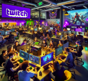 Siswa yang energik terlibat dalam proyek kreatif di Twitch, melambangkan perpaduan teknologi, game, dan komunitas di tempat kerja yang dinamis.