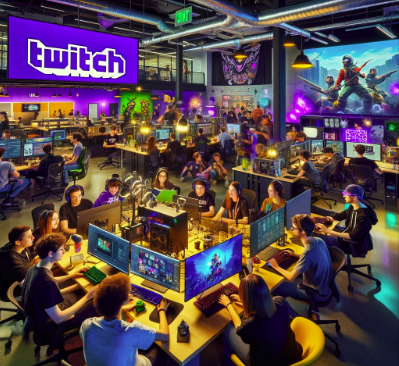 Energetic students engaged in creative projects at Twitch, symbolizing the fusion of technology, gaming, and community in a vibrant workplace.