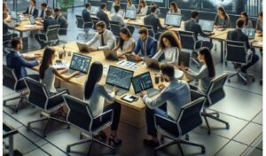 Alt text image: Eager interns collaborating in Fidelity's dynamic workspace, showcasing their engagement in transformative financial projects.